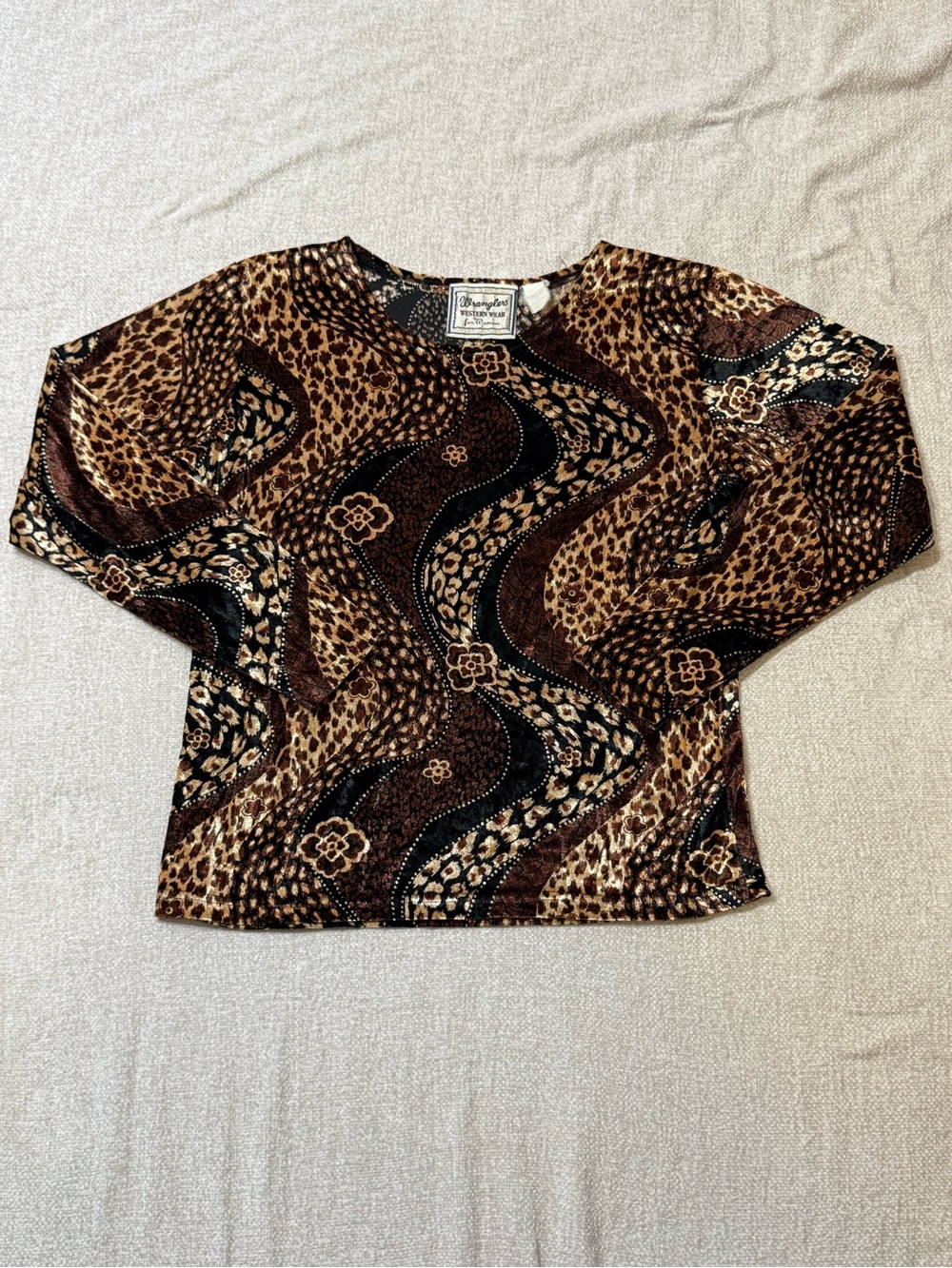 Vintage Wrangler Womens Animal Print Velour Top Y2K Western Cowgirl Boho